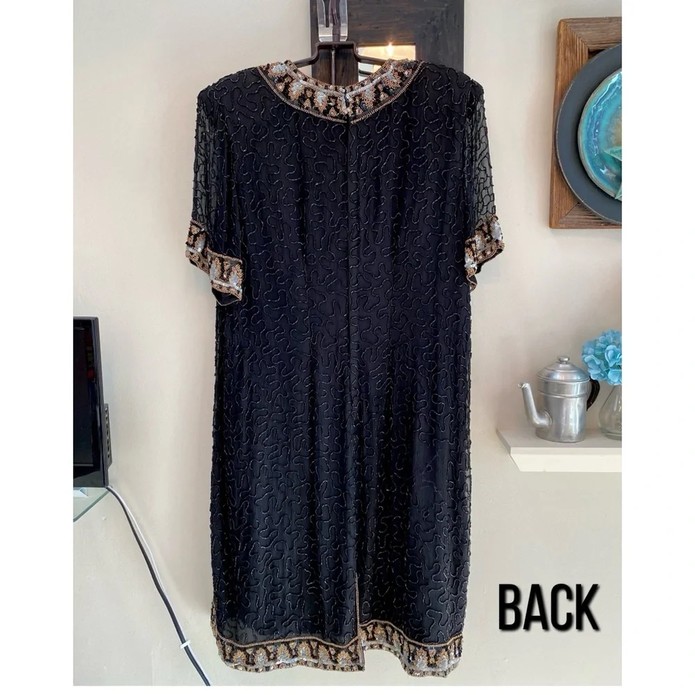 Vintage Beaded Cocktail Dress, 100% Black Silk, Beads & Sequins,by L Kazar,NY,2X - Picture 3 of 14